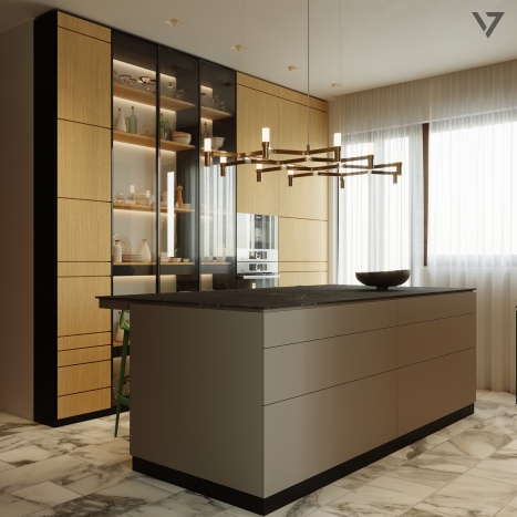 Photorealistic interior rendering of a luxury modern kitchen designed by architect Riccardo Sandias for a private apartment in Milan, Italy.