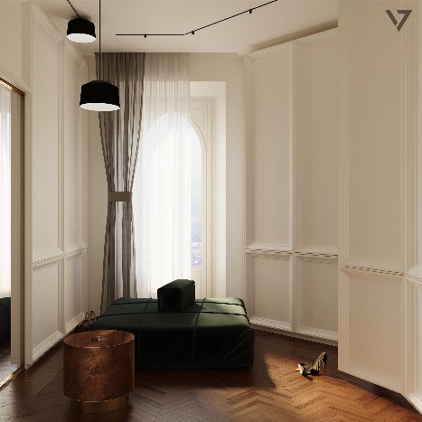 Photorealistic rendering of a luxury walk-in closet connected to the master suite of a private villa on Lake Como, designed by architect Riccardo Sandias.
