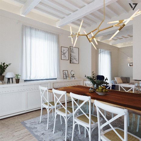 Modern kitchen interior rendering for a contemporary private villa in Chianni, Tuscany, designed by VIZEX.
