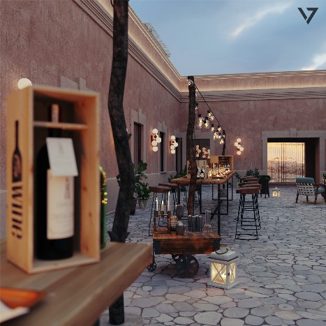 Photorealistic evening rendering of the outdoor courtyard for a contemporary seaside restaurant in Tirrenia, Italy, designed by VIZEX.