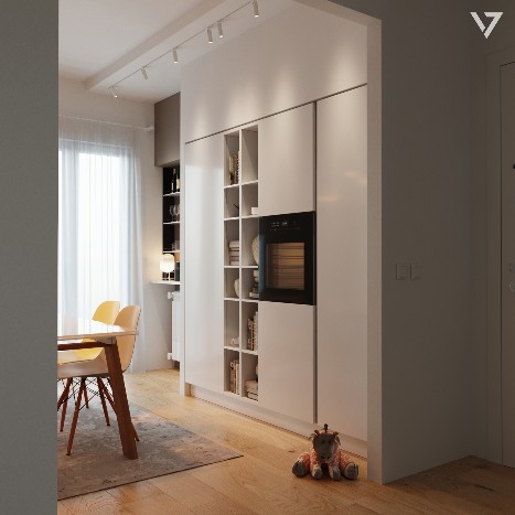 Modern kitchen interior rendering featuring minimalist cabinetry, integrated storage and contemporary lighting for a private apartment in Ponsacco, Tuscany.