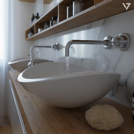 Modern bathroom rendering featuring marble-effect wall panels, a walk-in shower, double vessel sinks and oak details for a private apartment in Ponsacco, Tuscany.