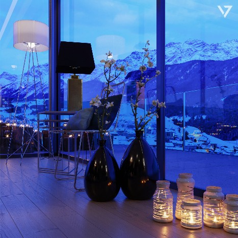 Photorealistic blue hour rendering of a luxury apartment living room overlooking the Italian Alps, designed by VIZEX.