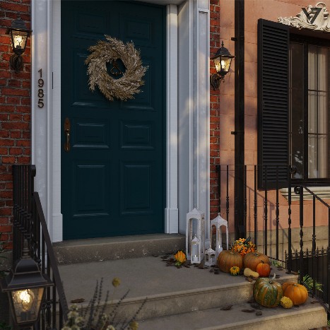 Photorealistic rendering of a New York brownstone street in autumn, featuring colorful fall foliage and a classic vintage convertible.