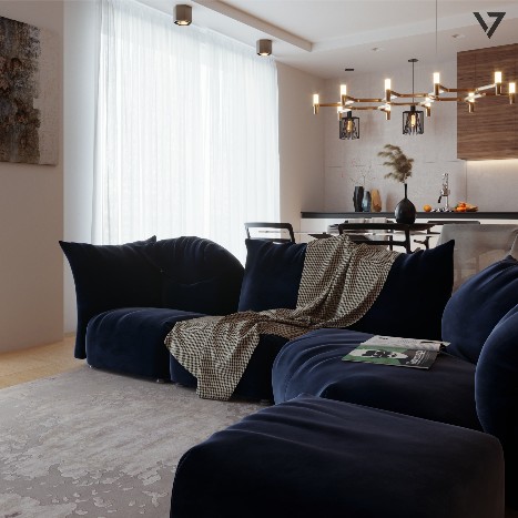 Photorealistic evening rendering of a luxury apartment living room in Bologna, highlighting warm ambient lighting and contemporary interior design.
