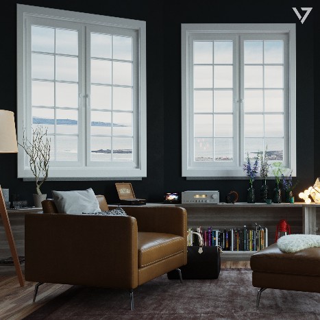 Contemporary seaside bedroom interior in Ireland with a textured feature wall, upholstered bed, warm timber flooring and dark minimalist finishes.