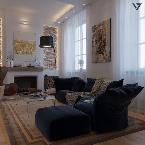 Entrance hall of a renovated private apartment in Pisa with glass staircase, double-height ceiling and contemporary interior design.