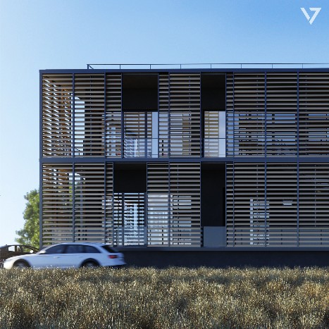 Exterior architectural visualization of an office building near Perugia featuring a continuous brise-soleil façade.
