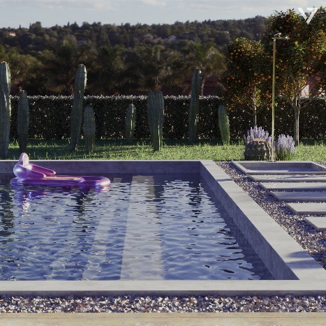 Aerial CGI view of a contemporary private swimming pool with colorful inflatable lounger and detailed water caustics.