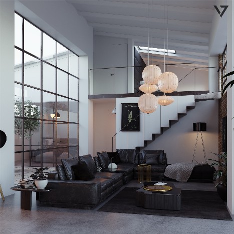 Contemporary black and wood kitchen inside a residential loft in Casciana Terme, overlooking a private courtyard with stone walls and olive tree.