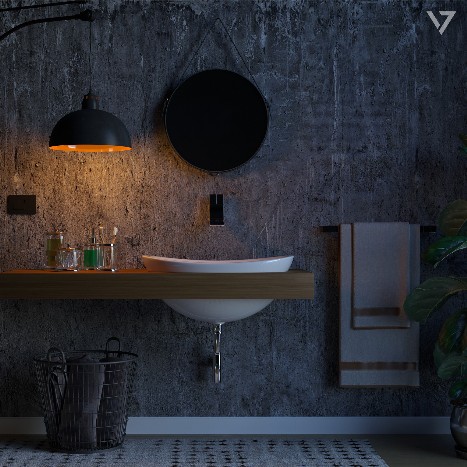 Photorealistic 3D visualization of a contemporary dark bathroom with textured concrete wall, wooden vanity and warm ambient lighting.