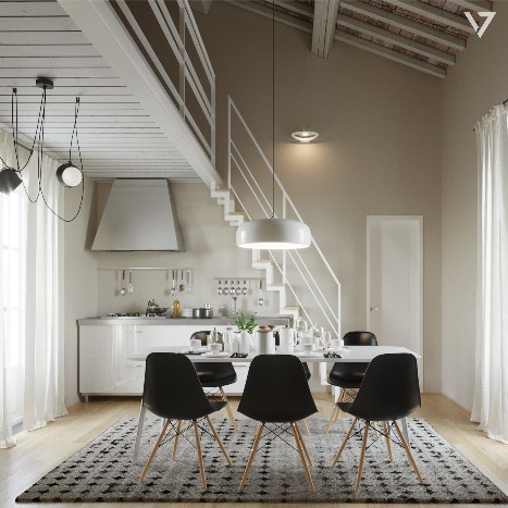 Photorealistic 3D visualization of a holiday home bedroom in Marina di Pisa, featuring a mezzanine, floating staircase and soft neutral interiors.
