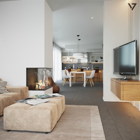 Photorealistic 3D visualization of a contemporary living room in Calcinaia, featuring a double-sided fireplace, neutral furnishings and natural light.