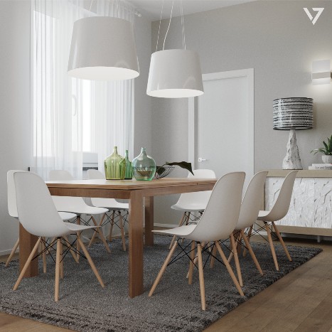 Photorealistic 3D visualization of a contemporary apartment renovation in Pontedera, focusing on the fireplace, integrated log storage and living area.