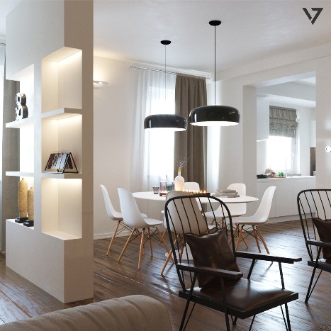 Photorealistic 3D visualization of a contemporary open-plan apartment in Calcinaia, featuring a bright dining and living area with integrated lighting and wood flooring.